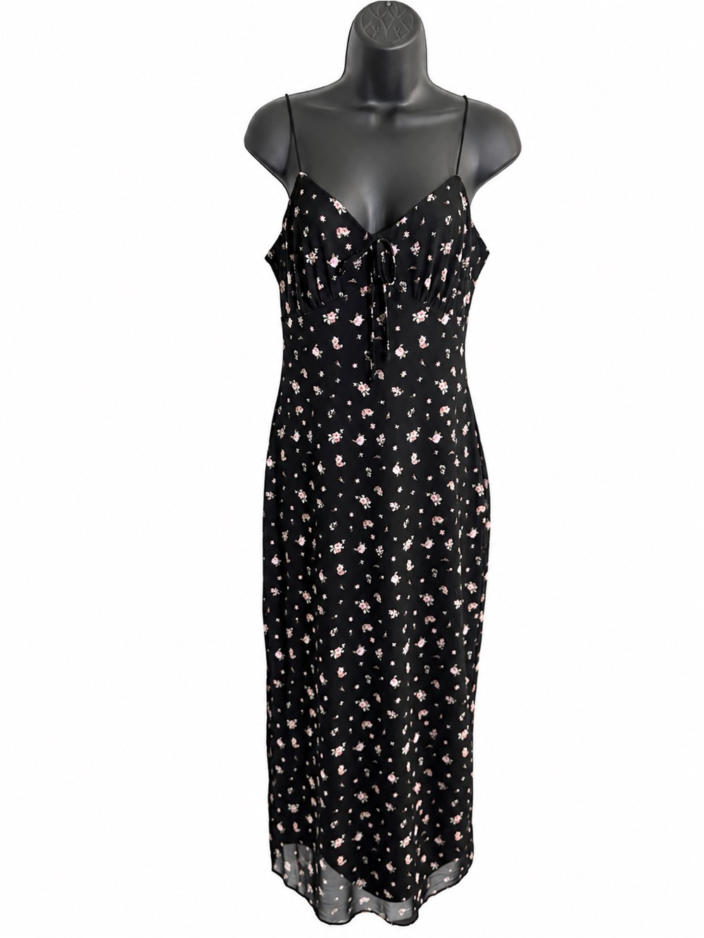 Floral Tie-Front Black Slip Dress with Pink Accent Print